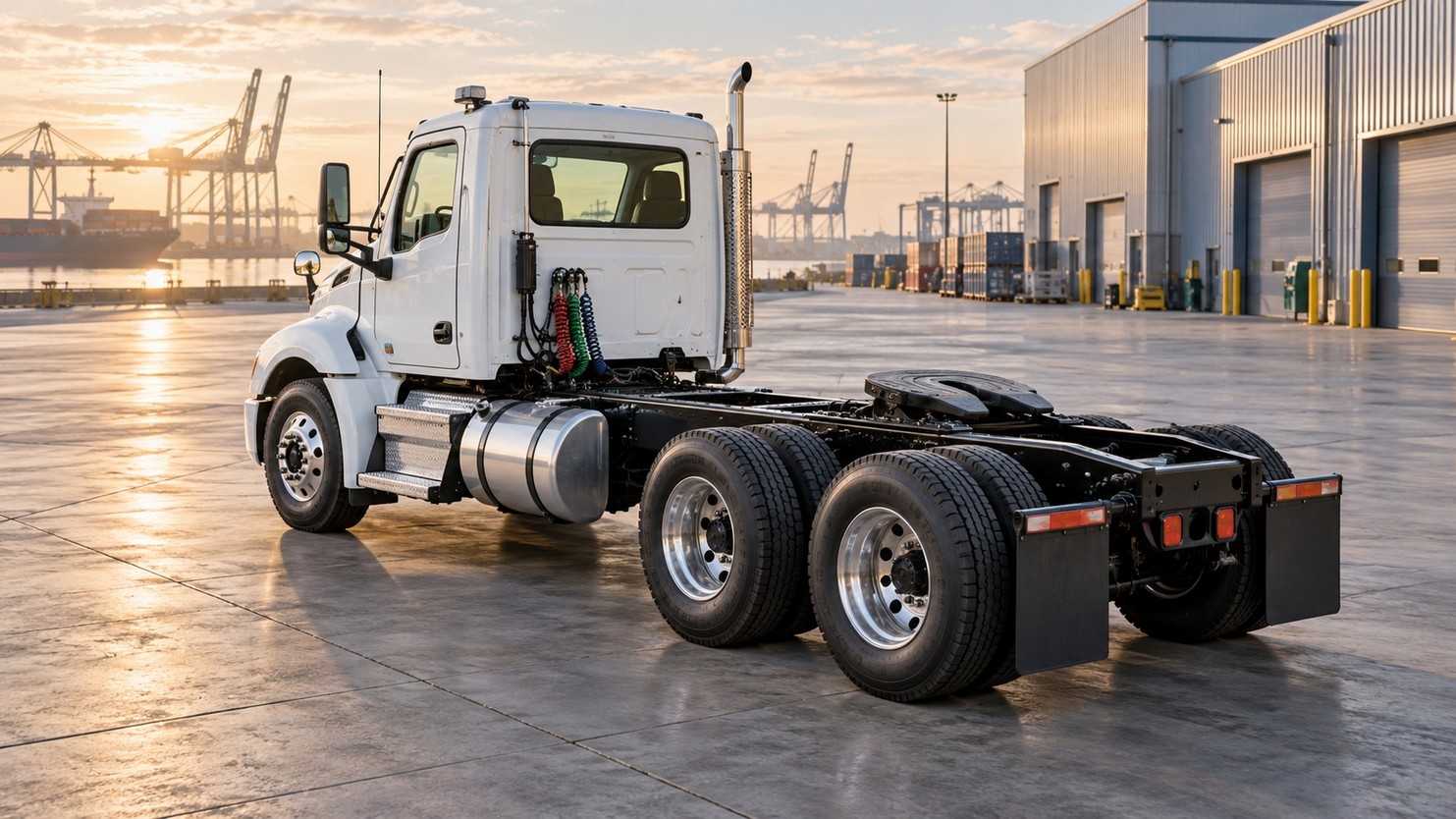 Tractor chassis with exposed frame rails and fifth wheel on a port apron at sunrise