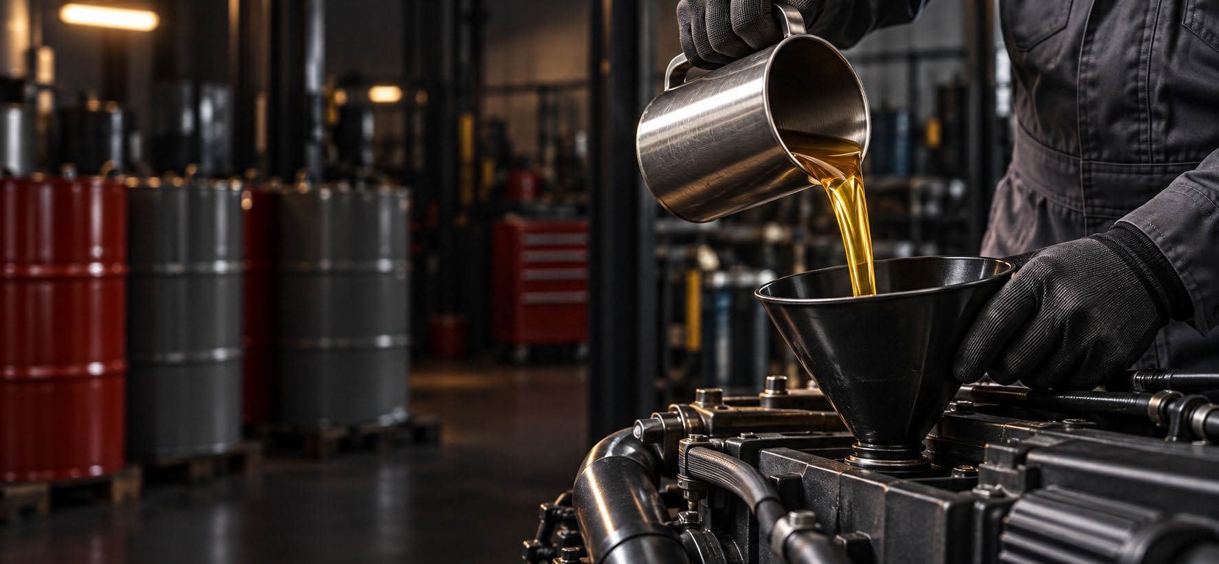 Illustration of oil being poured through a funnel into an engine in a shop, with lubricant drums in the background
