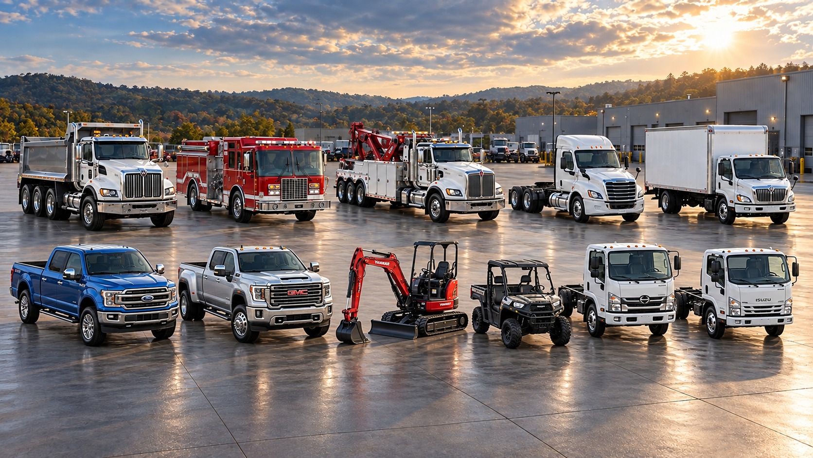 Matheny Motors lineup of dump trucks, fire apparatus, a wrecker, tractors, a Ford pickup, a GMC pickup, a mini excavator, a utility vehicle and cab-over chassis on a dealership lot