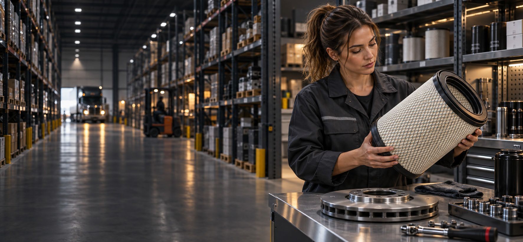 Illustration of a parts warehouse aisle with shelved filters and components, and a worker holding an air filter at a counter