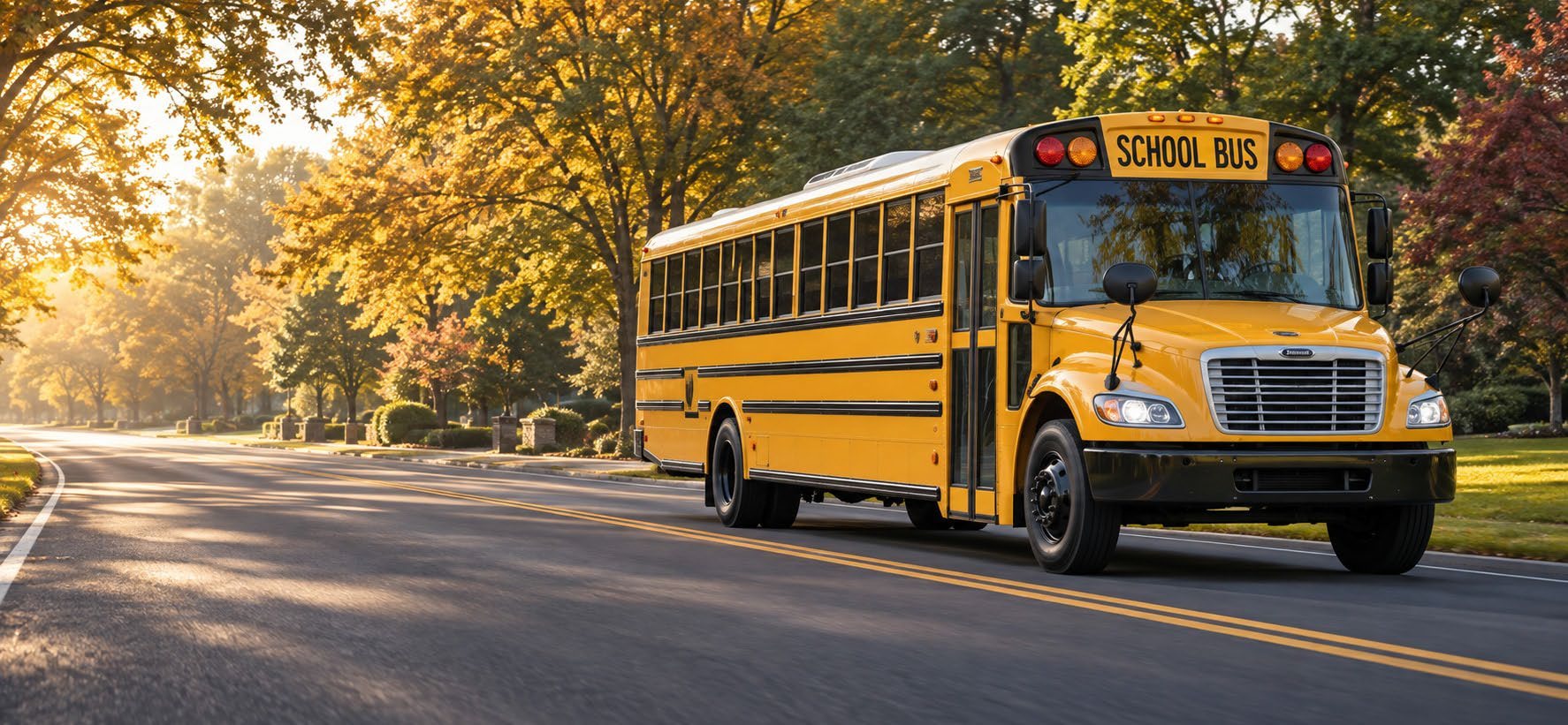 Yellow school bus on a tree-lined road