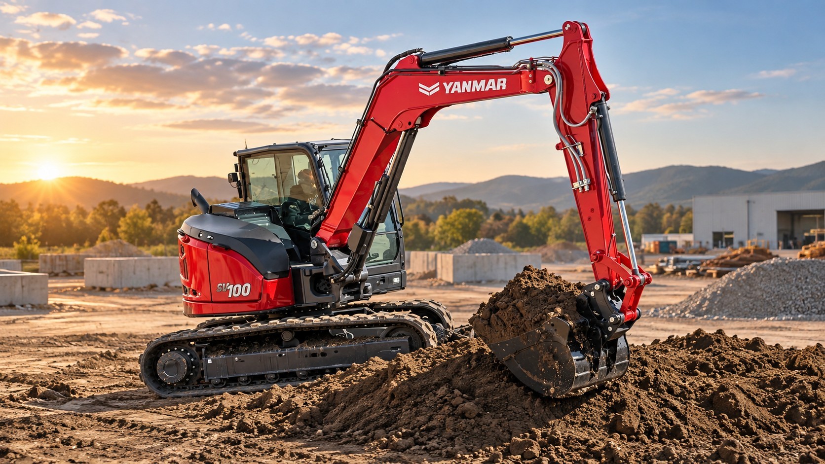 Red YANMAR compact excavator working on a site