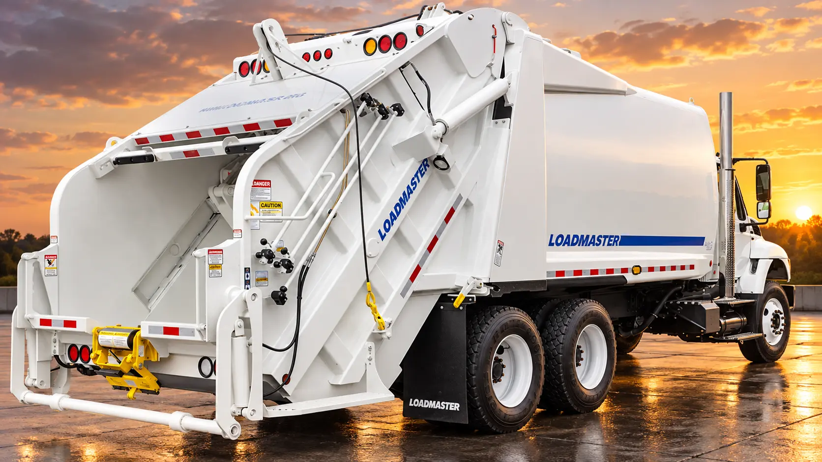 White rear-loader refuse body on a tandem-axle chassis