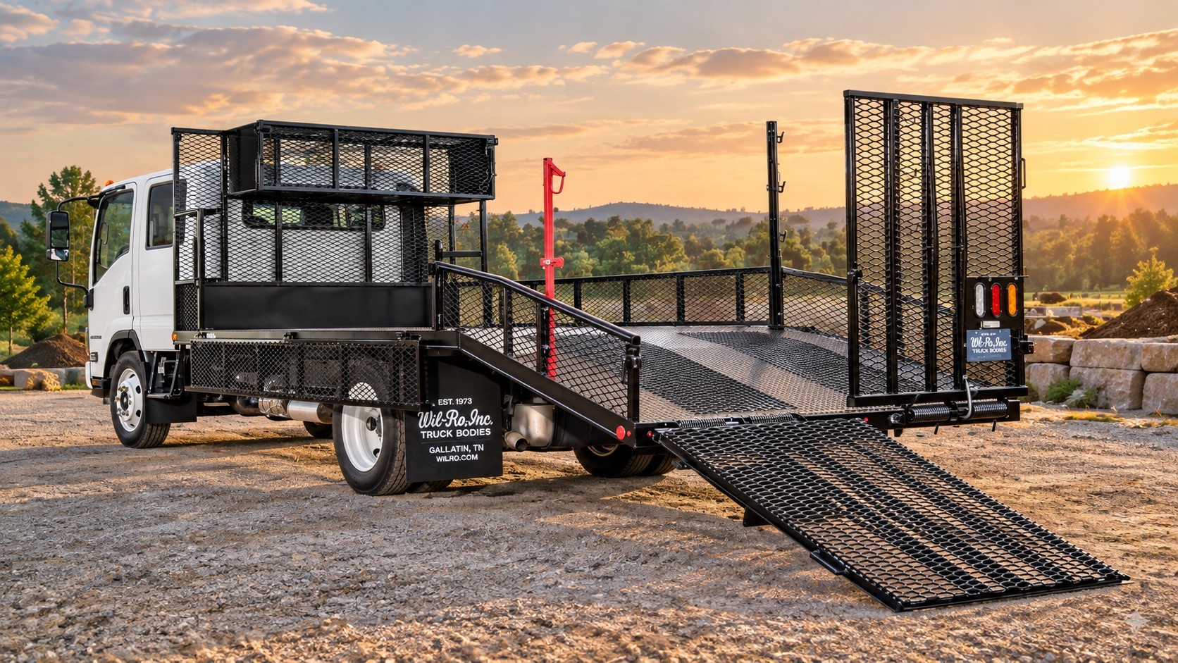 Wil-Ro landscape truck body with the loading ramp lowered