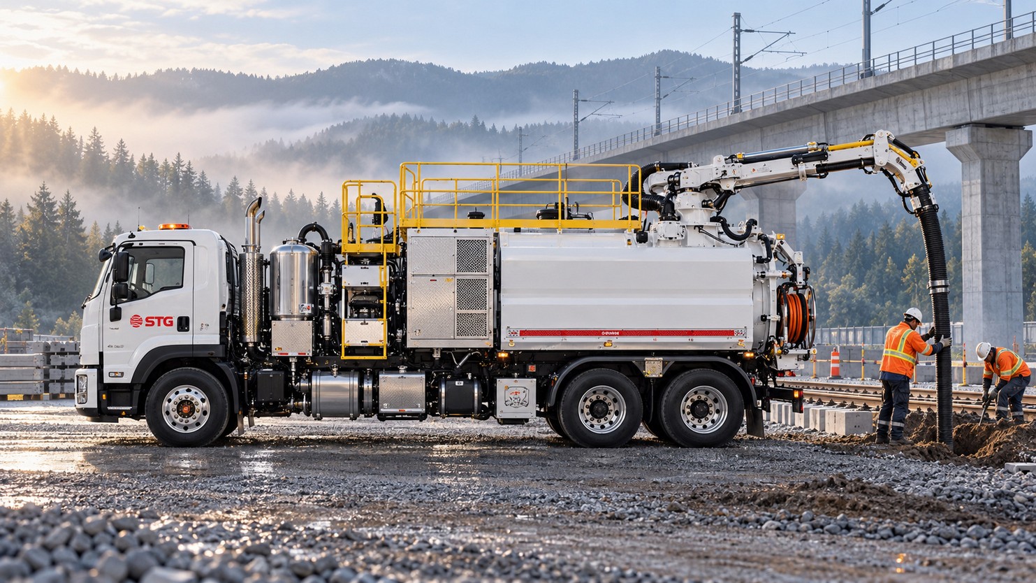 White vacuum excavation truck with a yellow boom working alongside a rail viaduct