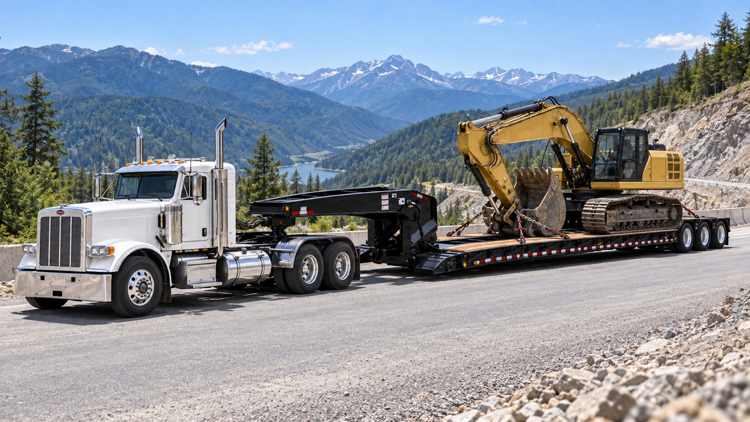 Tractor pulling a lowboy trailer loaded with a tracked excavator on a mountain highway