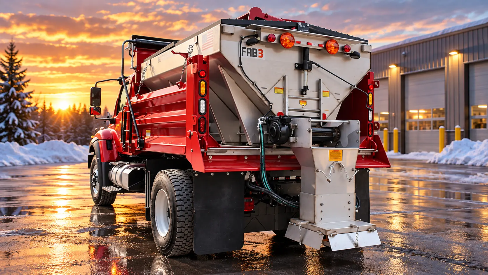 Red dump body with a stainless spreader insert on a winter work chassis