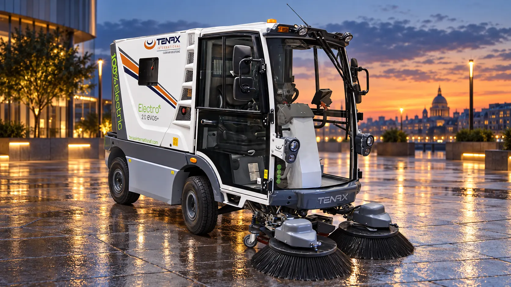 Compact electric street sweeper with side brushes on a city plaza