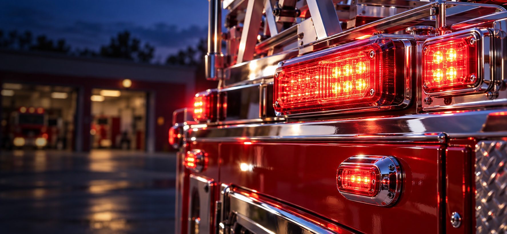 Illustration of warning lights and chrome trim on the side of a fire apparatus outside a station at dusk