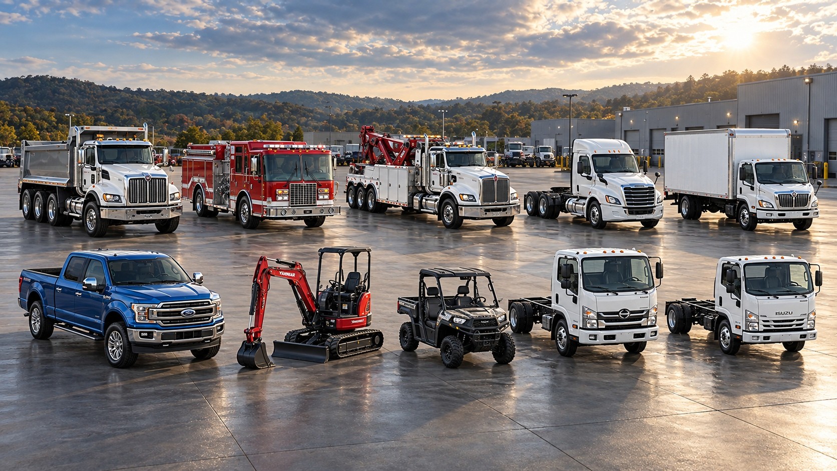 Matheny Motors lineup of dump trucks, fire apparatus, a wrecker, tractors, a pickup, a mini excavator, a utility vehicle and cab-over chassis on a dealership lot