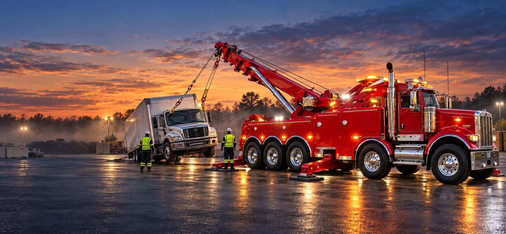 Heavy-duty rotator recovering a truck at dusk