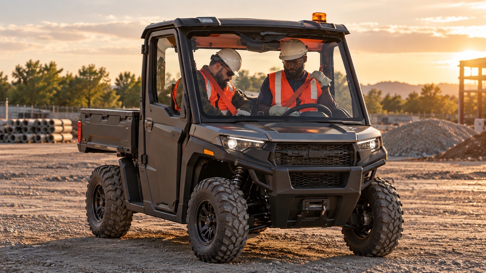 Polaris utility vehicle with a work crew on site