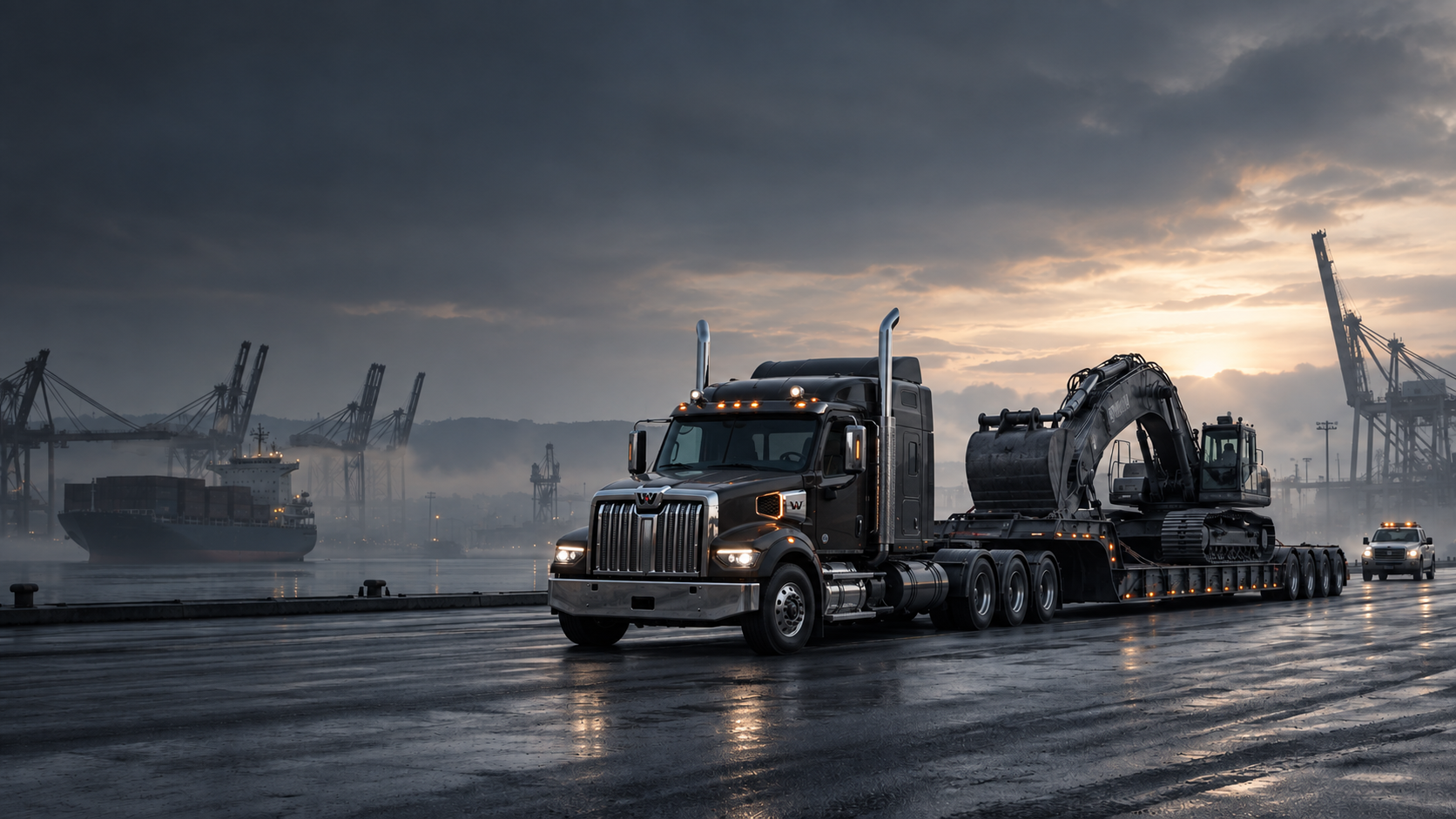 Dark Western Star 49X tractor hauling a lowboy trailer loaded with an excavator along a wet port apron at dusk