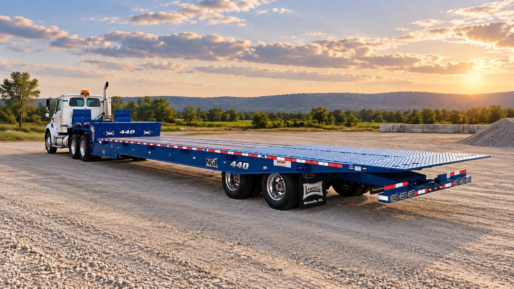 Landoll traveling-tail trailer in loading position