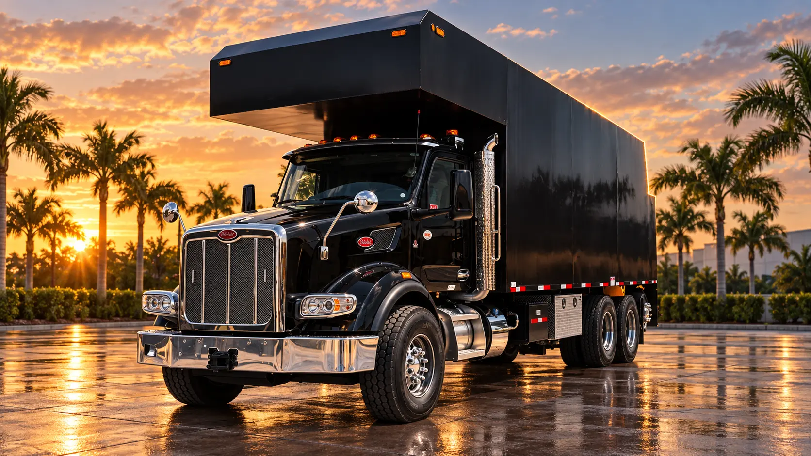 Black conventional work truck with a box body