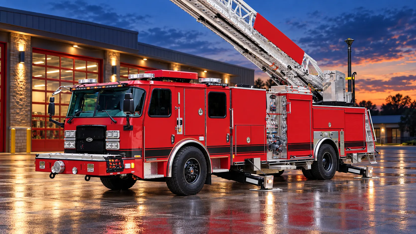 Red aerial fire apparatus with the ladder raised outside a station