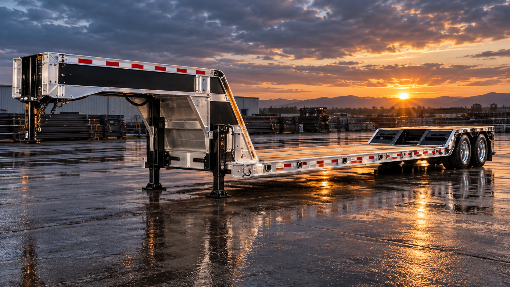 Aluminium drop-deck gooseneck trailer on a paved yard