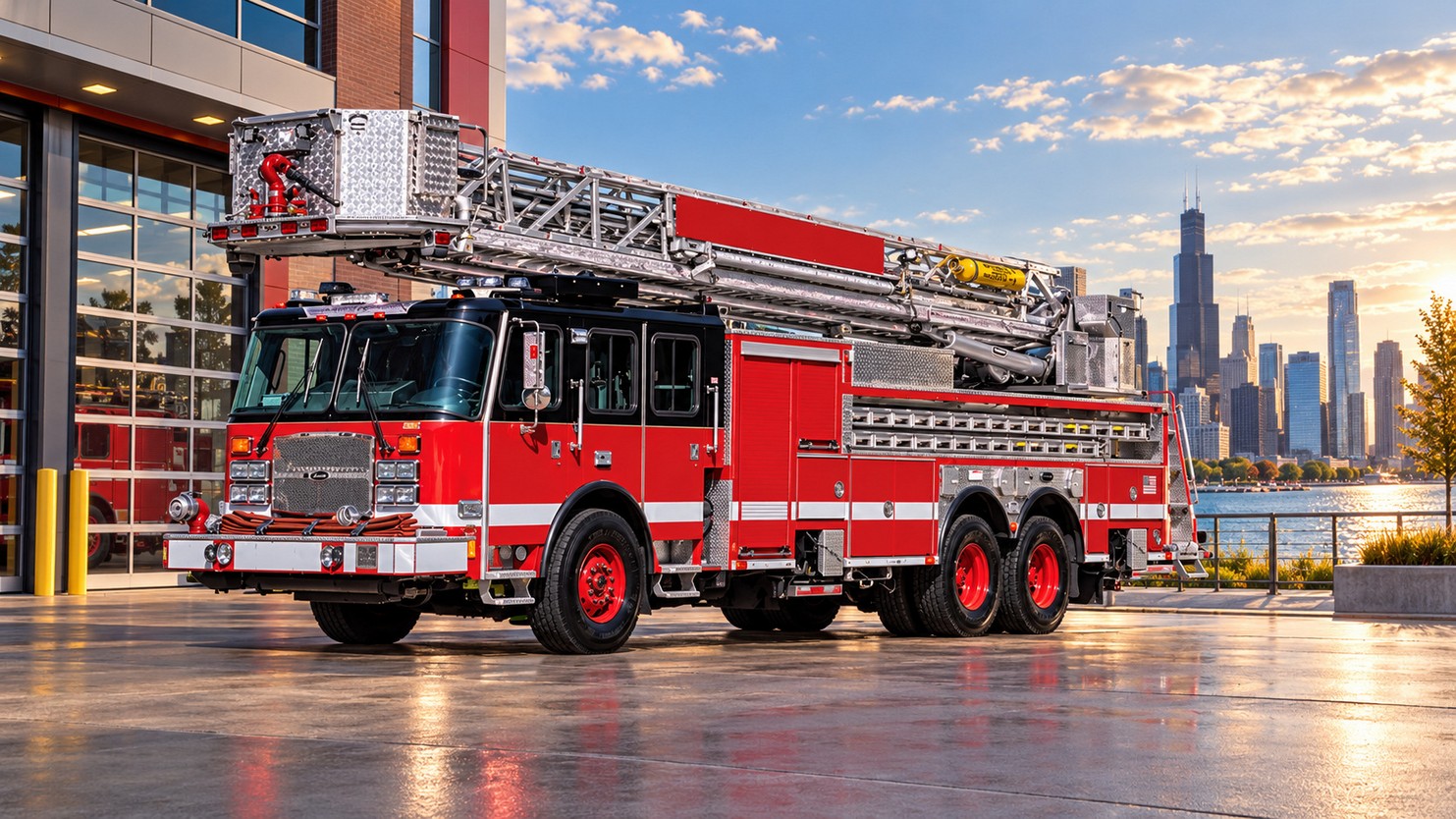 Red aerial ladder fire apparatus outside a station with a city skyline behind it