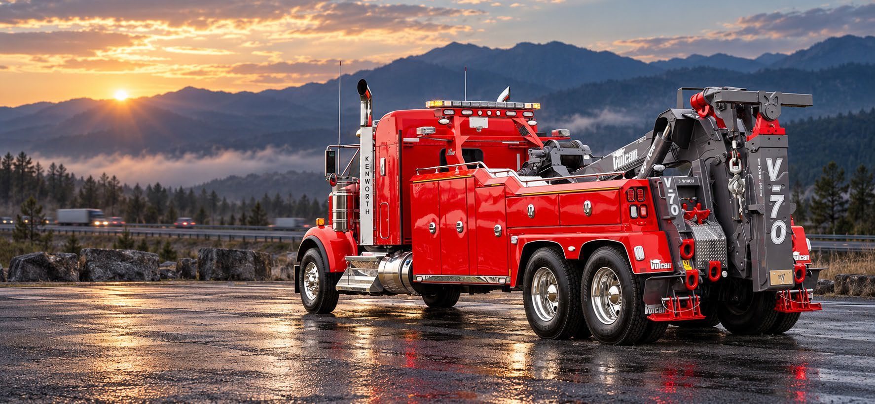 Red Vulcan heavy-duty wrecker on a work chassis