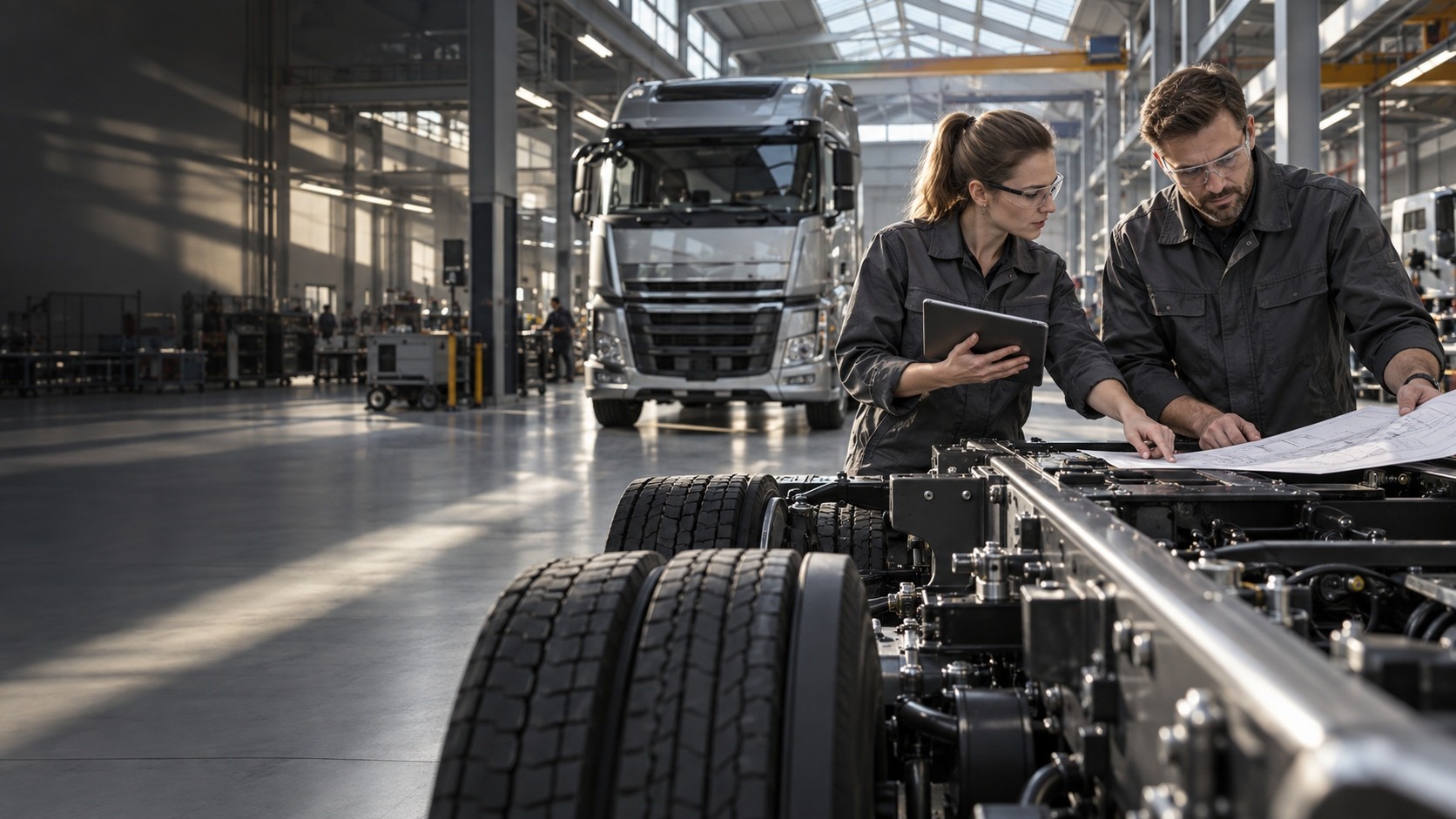 Two technicians reviewing drawings beside a bare truck chassis in a bright assembly hall