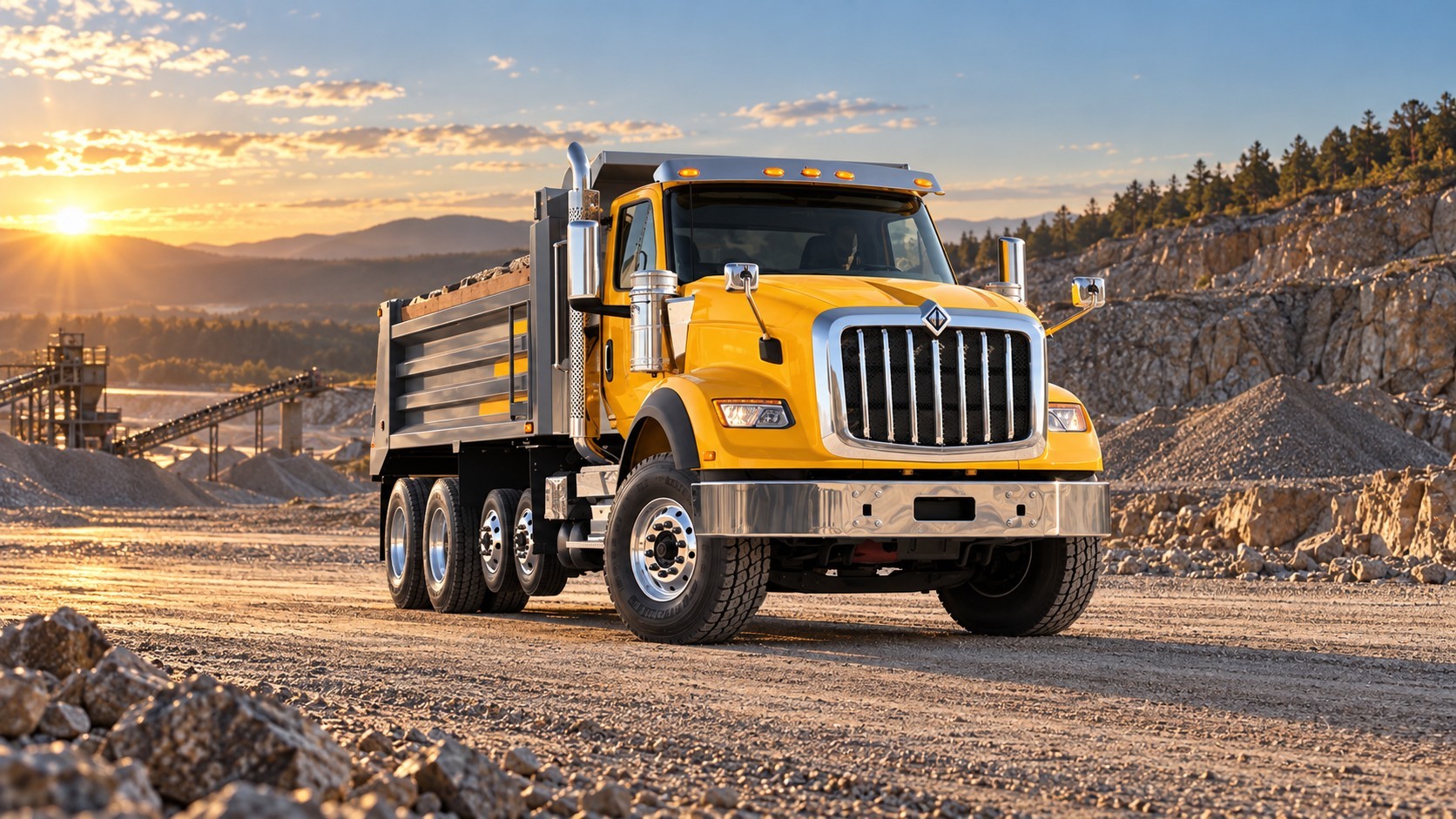 International vocational dump truck at a quarry