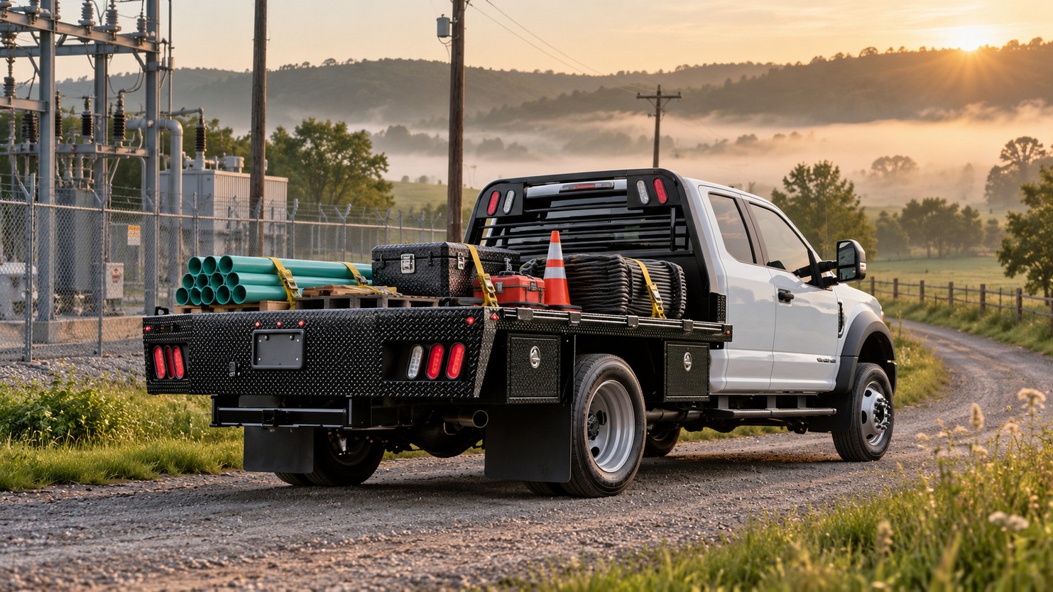 White chassis cab with a black flat deck service body loaded with pipe and tooling