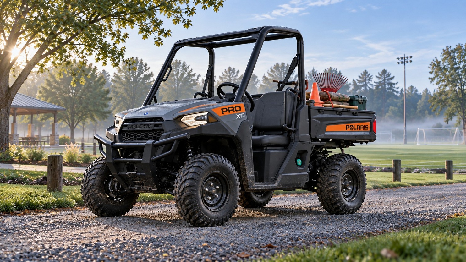 Grey and orange utility task vehicle loaded with grounds tooling in a park