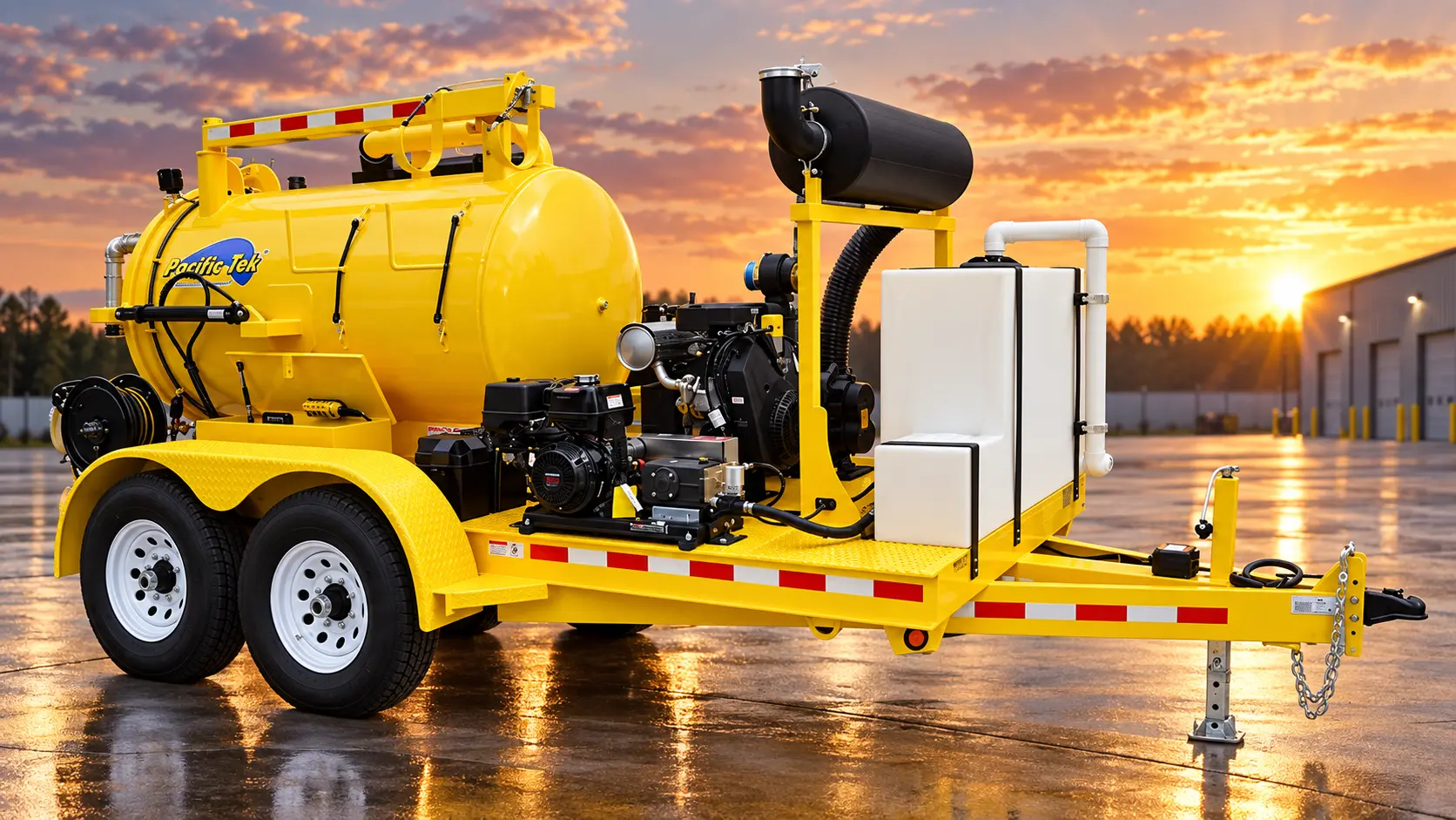 Yellow trailer-mounted vacuum excavator with tank, pump and hose reel