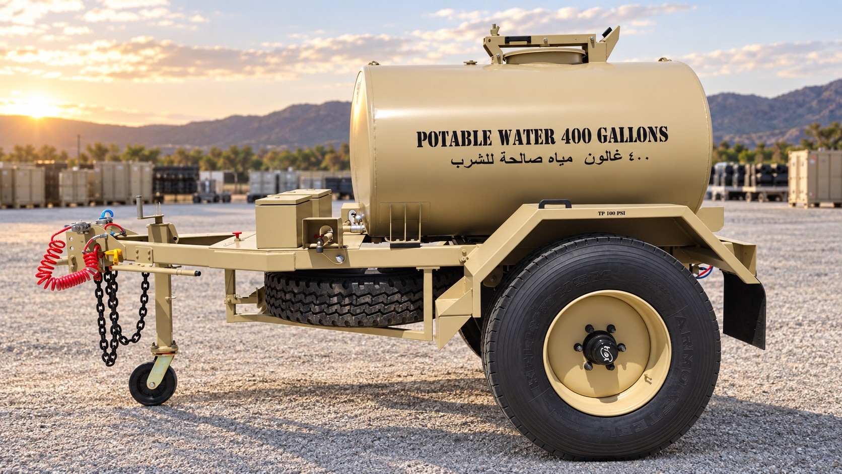 Tan potable-water tank trailer on a gravel yard