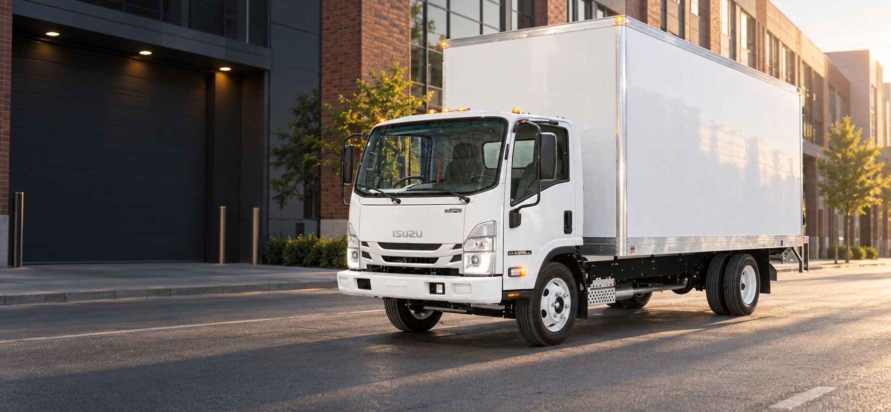 Cab-over box truck at a city loading dock