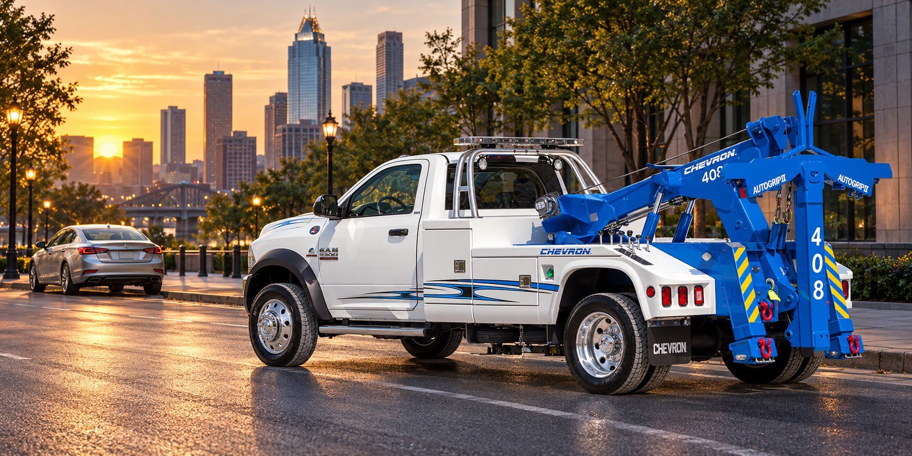Chevron light-duty wrecker with a boom and wheel-lift