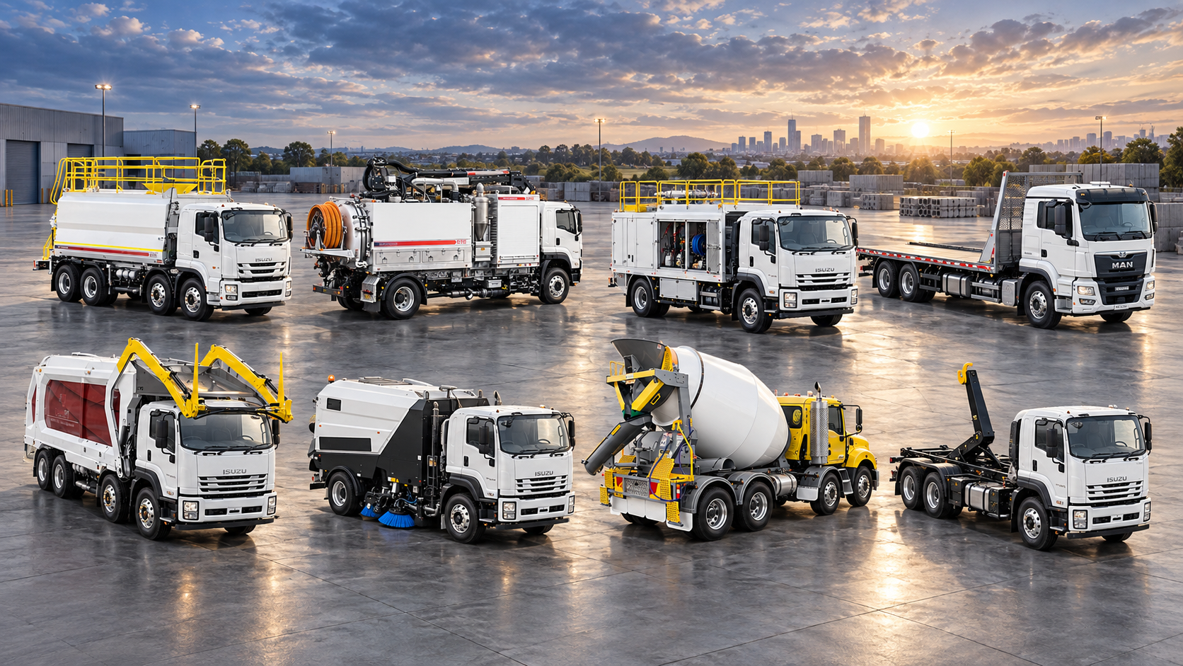 STG Global product range lineup: water truck, vacuum excavation truck, service truck, tilt tray, garbage truck, street sweeper, concrete mixer and hooklift