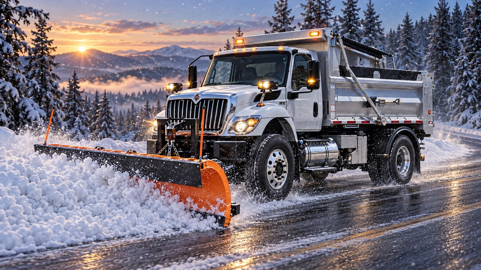 Vocational dump truck with a front plow clearing a snow-covered road