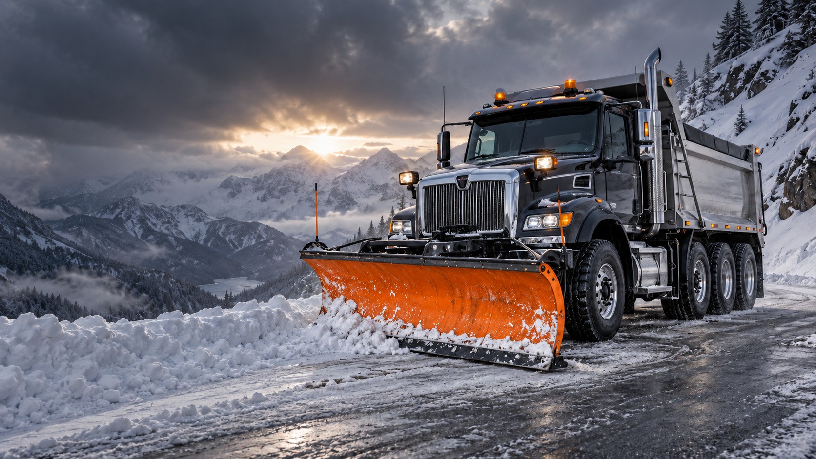 Black tandem dump truck with a bright orange front plow clearing a snow-covered mountain road at sunrise