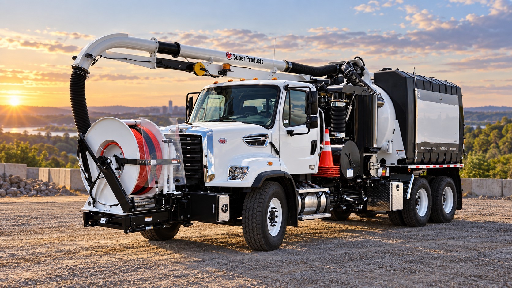 Combination sewer cleaner with vacuum boom and hose reel