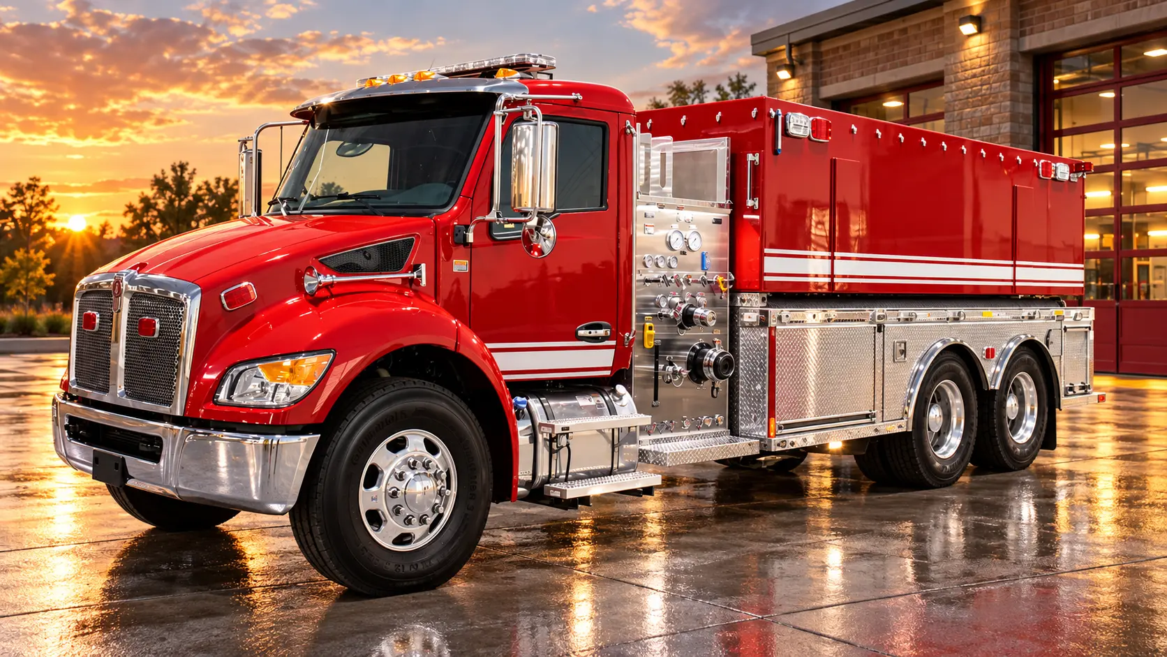 Red pumper fire apparatus outside a station